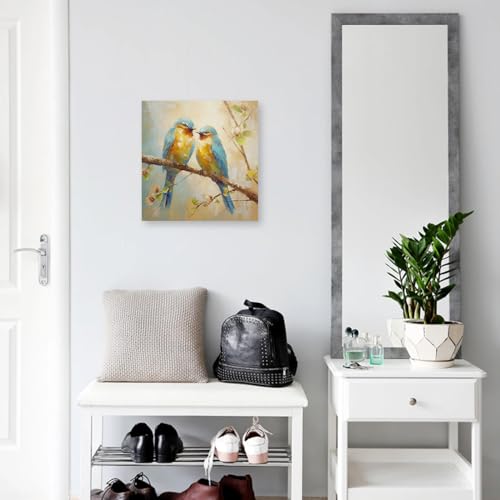 DOARTDO Bird Canvas Wall Art Blue Yellow Bird Painting Flower Bird on Tree Branch Picture Print for Living Room Home Decor Frame (Bird - 1,12.00" x 12.00")