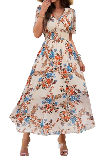 Galocmo Women Floral Maxi Dress, V-Neck Short Sleeve Empire Waist Summer Dress, Boho Flowy Smocked Long Dress Apricot