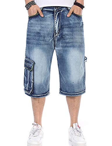 Yeokou Men's Loose Hip Hop Cropped Jeans Work Denim Shorts with Cargo Pockets (30, Light Blue)