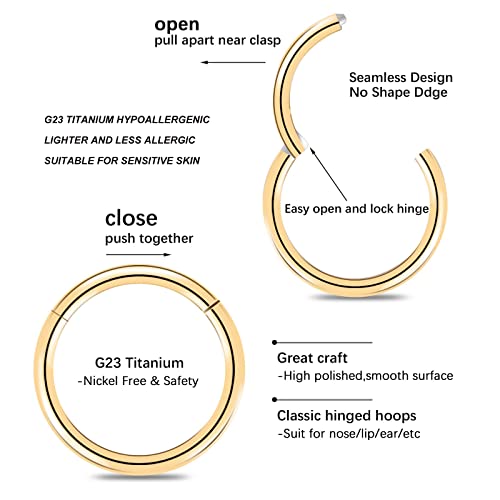BOGKU 8pcs 18g Nose Rings Titanium Nose Ring Hoops 10mm Hinged Septum Clicker Nose Rings 18 Gauge Women Cartilage Conch Helix Rook Hoop Earrings (18 Gauge 10mm)
