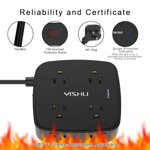 6 Ft Surge Protector Power Strip - YISHU 8 Widely Outlets with 4 USB Ports, 3 Side Outlet Extender with 6 Feet Flat Extension Cord, Ultra Flat Plug, Wall Mount, Desk USB Charging Station, ETL, Black