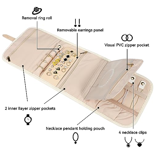 Voova Travel Jewelry Holder Organizer Case, Small Jewelry Storage Bag for Women Girls, Foldable Traveling Jewellery Pouch Roll for Necklaces Rings Earrings Bracelets, Mini, Apricot