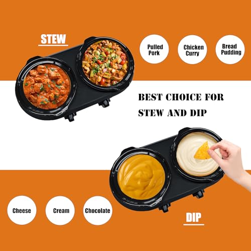 Double Slow Cooker, Buffet Servers and Warmers, Dual 2 Pot Slow Cooker Food Warmer, Adjustable Temp Dishwasher Safe Removable Ceramic Pot Glass Lid, 2 x 1.25 QT Portable Small Crock Cooker