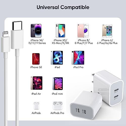 iPhone Charger [Apple Certified] 2Pack PD Dual USB C Charger Block Fast Charging Wall Charger Plug with 10FT Long Rapid Type C - Lightning Cable Apple Charger for iPhone 14/13/12/11 Pro/XS/XR/SE, iPad