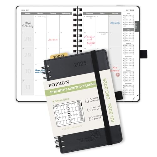 POPRUN Monthly Planner 2024-2025 Pocket Size (4'' x 6.25'') 18 Months Calendar (Jul 2024 - Dec 2025) - 4 Pages per Month with Monthly Expense & Notes, Sunday Start, Leather Cover - Black