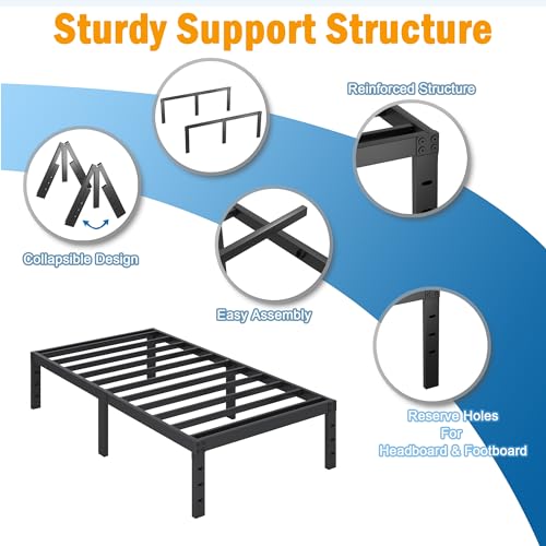 SHLAND Twin Bed Frames 16 Inch Metal Platform Bed Frame No Box Spring Needed, Twin Size Bed with Heavy Duty Strong Slat Support, Easy Assembly, No Noise, Black