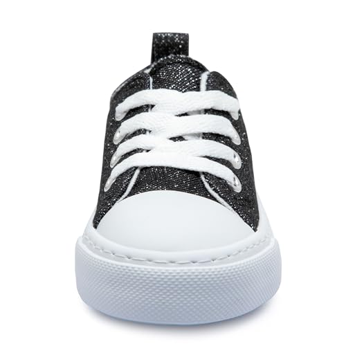 HugRain Toddler Girls Sneakers Walking Shoes Kids Child Sparkle Glimmer Fashion Glitter Adorable Lace Up Lightweight Low Top Non-Slip Outdoor Black Size 8