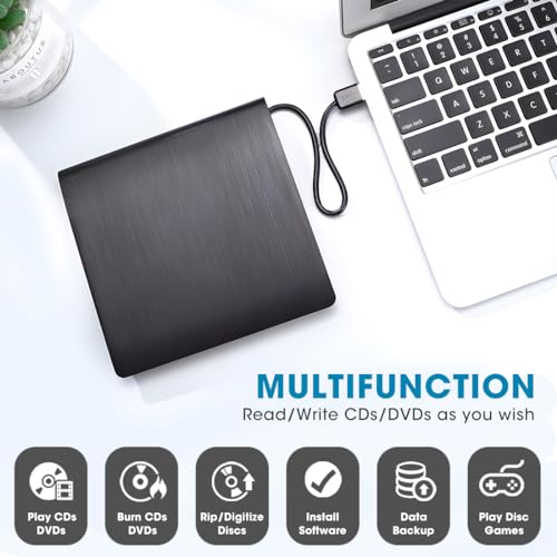 ROOFULL External CD DVD Drive USB 3.0 Portable DVD & CD-ROM +/-RW Player Burner Reader Writer Rewriter Adapter Optical Disc Drive for Laptop PC Windows 11/10/8/7 Mac Linux Desktop Computer