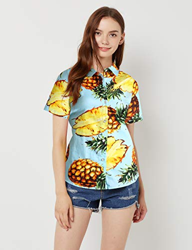 Hawaiian Shirts for Women, Tropical Shirts for Women, Pineapple Shirts for Women Short Sleeve Blouses Casual Floral (Small, Blue Red)