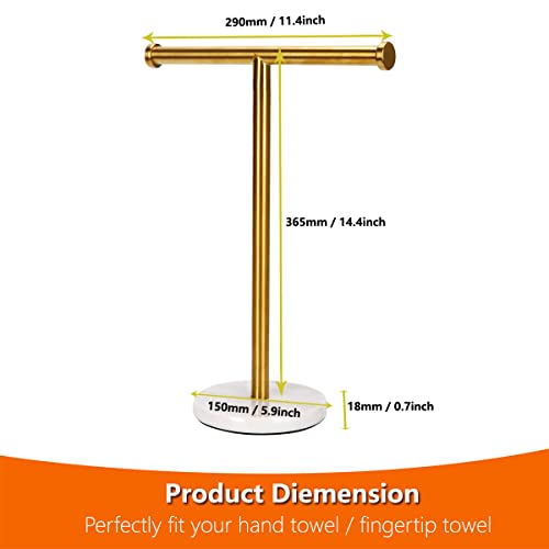 Kalitro Towel Rack with Natural Marble Base T-Shape Hand Towel Holder Stand SUS304 Stainless Steel for Bathroom Vanity Countertop Brushed Nickel Finish (Gold)