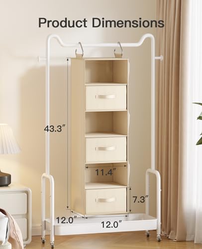 Pipishell Hanging Closet Organizer 6-Shelf, Hanging Shelves for Closet with 3 Removable Drawers & Side Pockets, Hanging Shelf Organizer for Bedroom or Garment Rack, 12'' x 12'' x 43.3'', Beige