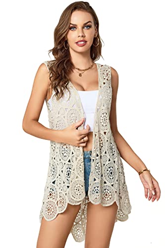 Women's Crochet Lace Vest Boho Sleeveless Kimono Irregular Hem Cardigan (Navy-W03)