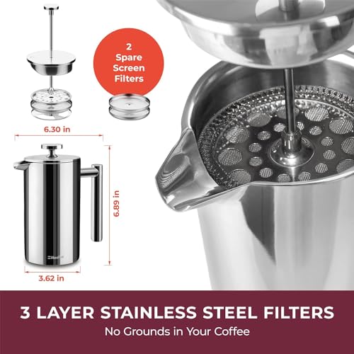 Mueller French Press Coffee Maker 20oz, Stainless Steel French Press Coffee, 4 Filter Heat Resistant Double Insulated, Rust-Free, Food Grade, Dishwasher Safe Coffee Pot