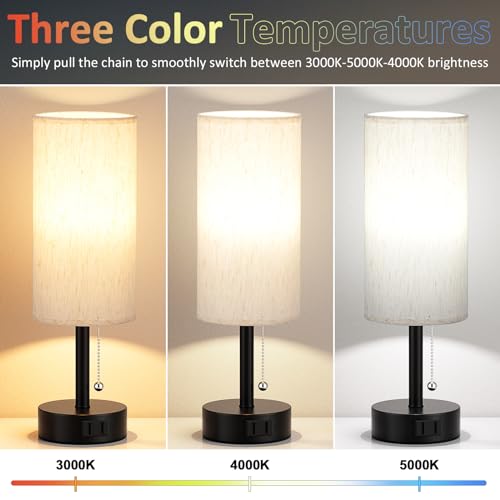 Fenmzee White Silver Bedside Table Lamps Set of 2-3 Color Temperatures Pull Chain Lamp with AC Outlet Charging Port, Two Round Night Stand Lamps for Bedroom, Small Bed Side Light with E26 LED Bulbs