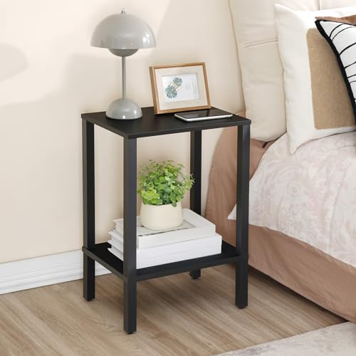 HOOBRO End Table, Small Side Table with 2-Tier Storage Shelves, Tall Nightstand with Faux Rattan Decoration, Sofa Table for Small Space, Beside Table for Living Room, Bedroom, Black BK91BZ01