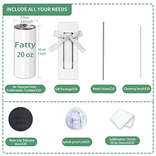 ZONEGRACE Sublimation Tumblers bulk 20 oz Fatty type, 20 Pack Stainless Steel Double Wall Insulated Straight Cup Blank White with Lid, Straw,Polymer Coating for Heat Transfer