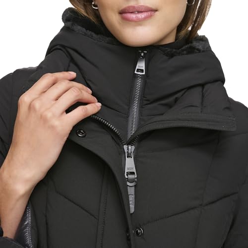 DKNY Women's Long Puffer, Bib-Front Black