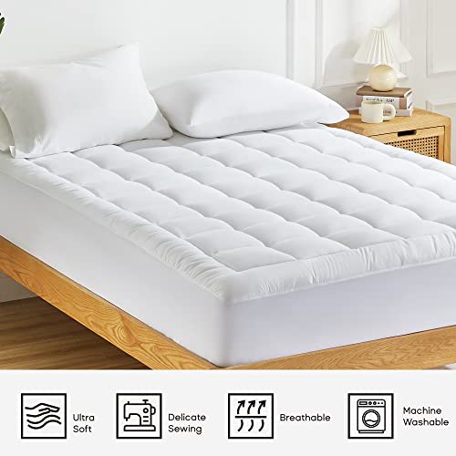 SONIVE Quilted Mattress Pad Soft, Fluffy Pillow Top Mattress Cover, Down Alternative Fill Mattress Topper, Streches up to 21 Inches Mattress Cover, Deep Pocket (White, Twin)