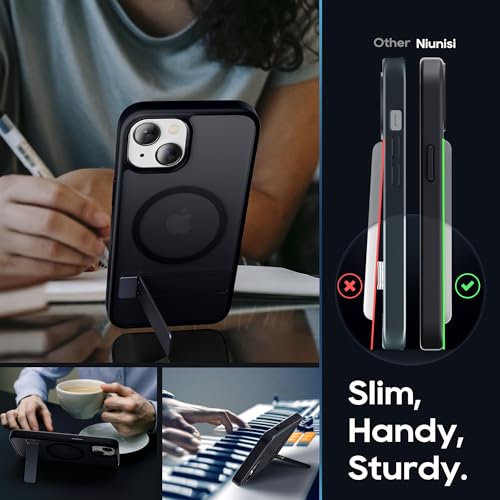 Niunisi Magnetic Case for iPhone 13 Case 6.1-Inch, Slim Kickstand with Screen Protector Compatible with Magsafe Shockproof Translucent Matte Cases Phone Case Cover, Black