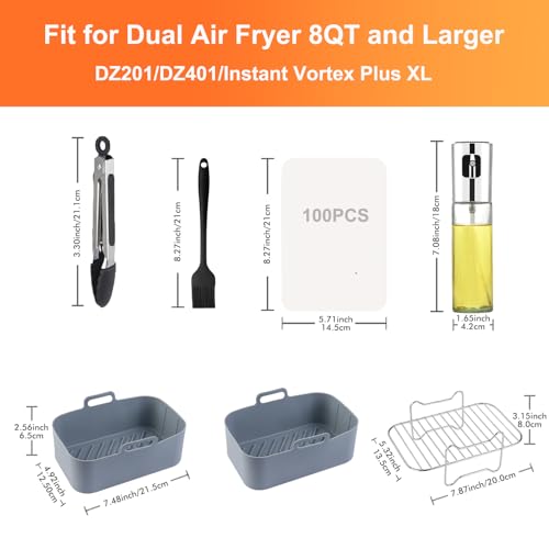 Silicone Air Fryer Liners for Ninja DZ201, 7PCS Air Fryer Accessories for Ninja Dual 8QT Air Fryers, Including Air Fryer Rack, Paper Liner etc (7Pcs - Oil Sprayer Set)