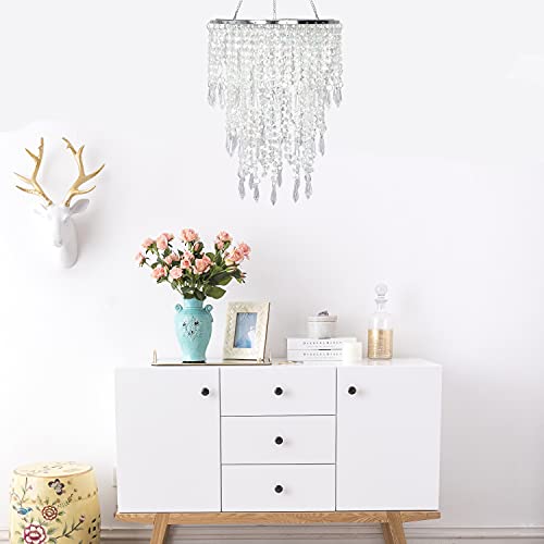 Cioceen Acrylic Chandelier Shade, Ceiling Light Shade Beaded Pendant Lampshade with Crystal Beads and Chrome Frame for Bedroom, Wedding or Party Decoration, Diameter 8.7'' 3 Tiers