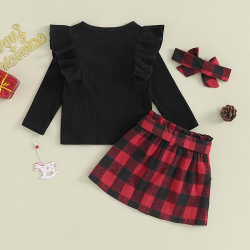 Fernvia Toddler Kids Baby Girl Christmas Outfits Turtleneck Ribbed Knit Tops Plaid Button Mini Skirts 2Pcs Fall Winter Clothes Set (B-Black, 6-12 Months)