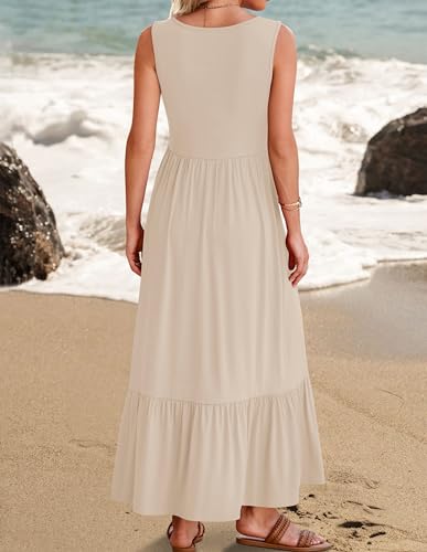 ZESICA Women's 2024 Summer Sleeveless Dress Square Neck Pleated Tiered Swing Maxi Dresses with Pockets,Apricot,Small