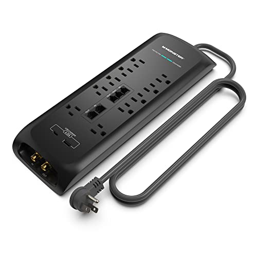 Monster Black Heavy Duty Surge Protector Power Strip 6 ft Cord with 10 120V-Outlet Extension, 2 Ethernet Switch Ports, 4050J Rating, 1 USB-A, and 1 USB-C Charging Ports – Ideal for Computers & Offices