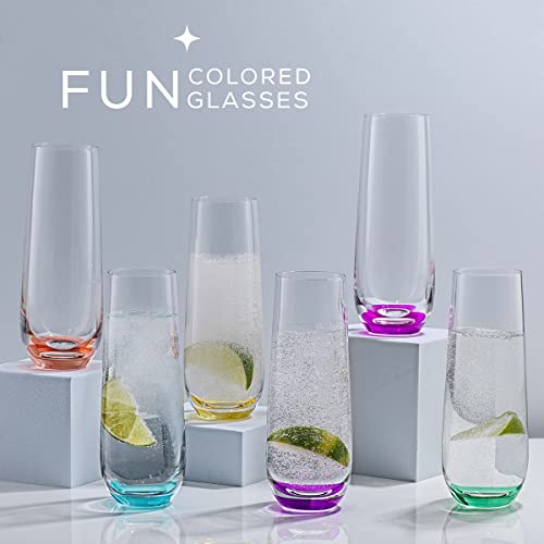 JoyJolt HUE Stemless Champagne Flutes Set of 6 Colored Glasses. 9.4oz Champagne Glasses. Prosecco Wine Flute, Mimosa Glasses Set, Cocktail Glass Set, Stemless Glasses, Crystal Glasses, Bar Glassware