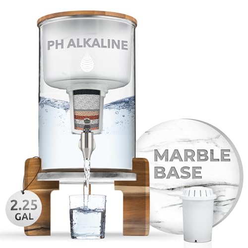 Invigorated Water pH Recharge Alkaline Water Filter Dispenser – BPA-Free Glass Countertop Water Filter Pitcher Purifier for Home & Office, 36-Cup Capacity, 360L Long Filter Life (Acacia/Marble)