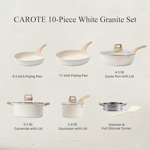 CAROTE 16pcs Pots and Pans Set Non Stick, Kitchen Cookware Sets, Large Capacity Granite Pots Set, Kitchen Induction Pots and Pans Cooking Sets, Beige