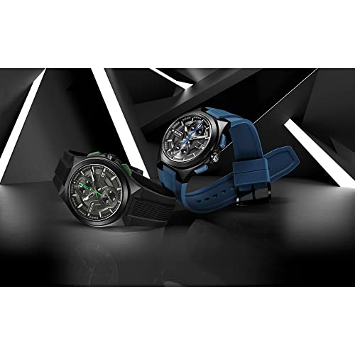 Bulova Men's Maquina Sport Black Ion-Plated Stainless Steel Case, 6-Hand Chronograph Quartz Watch with Matte Black Silicone Strap, Sapphire Crystal, Blue Strap/Blue Accents