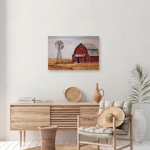 DOARTDO Old Barn Canvas Wall Art Farmhouse Windmill Pictures Country Blue Barn White Flowers Painting for Living Room Home Decor Frame (Barn - 1, 12.00" x 18.00")