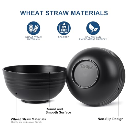 HOTEC Unbreakable Wheat Straw Cereal Bowls - Microwave & Dishwasher Safe Soup and Salad Bowls, Set of 8, 26oz, BPA Free, Black