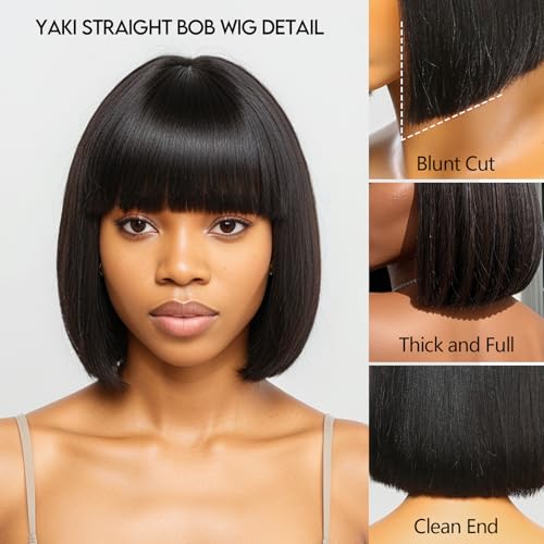 BAOHUKE 10 Inch Yaki Straight Bob Wig With Bangs Human Hair Glueless 2x1 Closure HD Lace Short Black Bob Wigs With Bang Human Hair Ready to Go 180% Density For Black Women