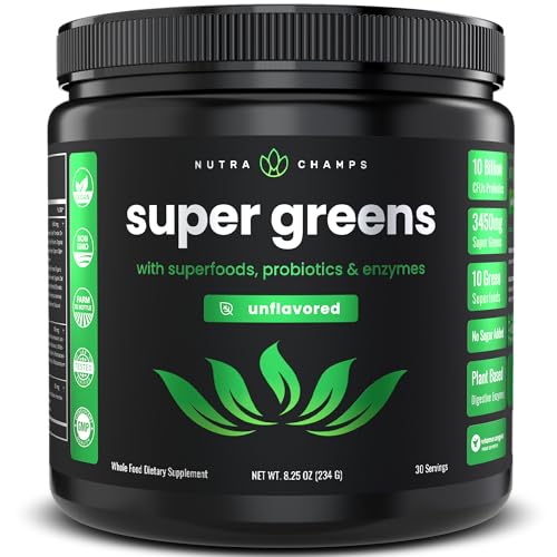 NutraChamps Super Greens Powder Premium Superfood | 20+ Organic Green Veggie Whole Foods | Alfalfa, Spirulina, Chlorella & More | Antioxidant, Digestive Enzyme & Probiotic Blends | Unflavored