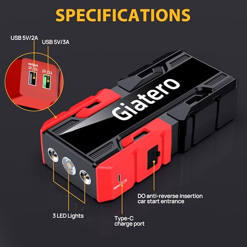 Giatero 001 4000A Car Jump Starter, 12V Battery Jumper Starter Portable Jump Box(10.0L Gas/8.0L Diesel), Jump Start Battery Pack with 3 Modes Flashlight, Power Bank with USB Quick Charge & Type C Port