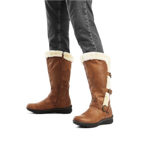 DREAM PAIRS Women's Fully Faux Fur Lined Triple Buckle Ruched Snow Knee High Winter Boots Black PU Size 12