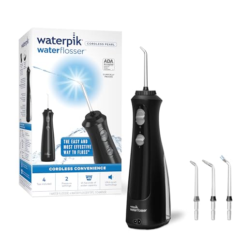 Waterpik Cordless Pearl Rechargeable Portable Water Flosser for Teeth, Gums, Braces Care and Travel with 4 Flossing Tips - ADA Accepted, WF-13 Black, Packaging May Vary