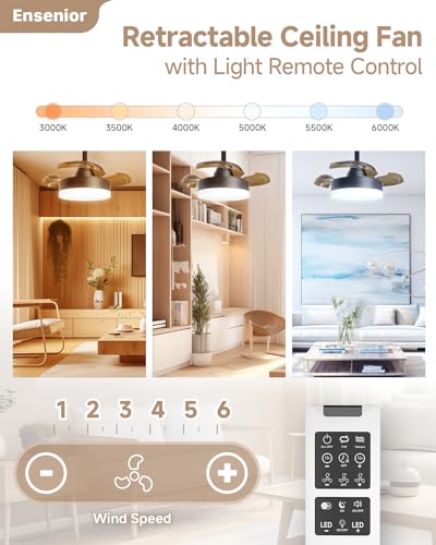 Ensenior 24 Inch Retractable Ceiling Fan with Lights and Remote, Dimmable Retractable Fan Ceiling Light, 3000K-6000K Colors and 6 Speeds, Small Ceiling Fan Retractable Blades for Bedroom - Black