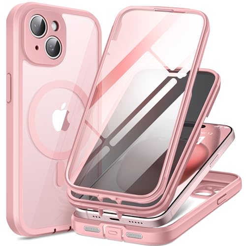 TIESZEN Magnetic for iPhone 15 Plus Case, [Dustproof Design] Compatible with Magsafe, Built-in Privacy Screen Protector & 9H Tempered Glass Screen Protector & Upgraded Camera Protection, Pink