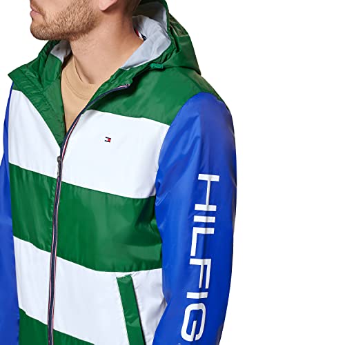 Tommy Hilfiger Men's Color Block Logo Rain Slicker, Green/White/Blue, Small