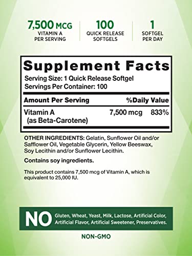 Beta Carotene 25000 IU Softgels | 100 Count | Vitamin A Supplement | Non-GMO and Gluten Free Supplement | by Nature's Truth