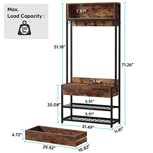 Tribesigns 3-in-1 Entryway Hall Tree with Drawer, Vintage Industrial Coat Rack with Shoe Bench and Hutch, Mudroom Bench with Shoe Storage Rack and 9 Hooks for Living Room Bedroom (Brown)
