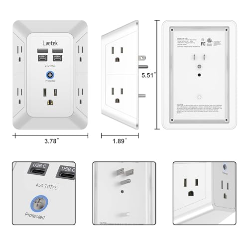 Outlet Extender, Surge Protector Outlet with 5-Multi Plug Outlet and 4 USB Ports(2 USB C), 3-Sided 1680J Power Strip Wall Charger, Multiple-Plug Outlet Splitter for Home Travel Office,ETL Listed,Black
