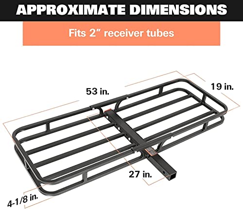 WEIZE 53 x 19 x 4-1/8 Inch Hitch Cargo Carrier, 500 lbs Capacity Steel Hitch Cargo Rack Basket with Net, Strap, Tightener for Car SUV Truck Traveling Camping, 2" Receiver