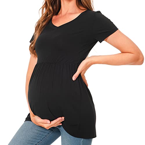 Bearsland Maternity Tops Short Sleeve Scoop Neck Maternity Shirt Pregnancy Clothes，Black&Iron Grey&Moka Brown,S