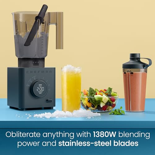 Chefman Obliterator 48 oz Countertop Blender for Smoothies, 1380W Motor to Crush Ice, Nuts, and Frozen Fruit with Stainless Steel Blade, Auto Blend Function, Includes 20 oz Travel Jar - Midnight