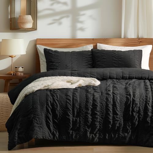 PHF Seersucker Black Twin Size Comforter Set, 2 Pieces Summer Lightweight Soft Fluffy Bedding Set, Boho Strip Comy Down Alternative Cooling Comforter with 1 Pillowcase, 68" x 90", Black