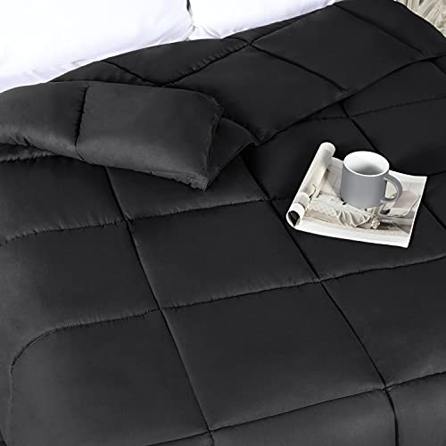 Superior Brushed Microfiber Solid Comforter, Down Alternative Bedding, Reversible, Medium Weight, Fluffy, Decorative, Duvet Insert, Oversized Blanket, Box Quilt Design, King, Black